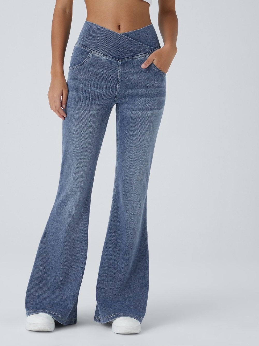 Halara High Waisted Crossover Stretch Flare Jeans Light Wash
